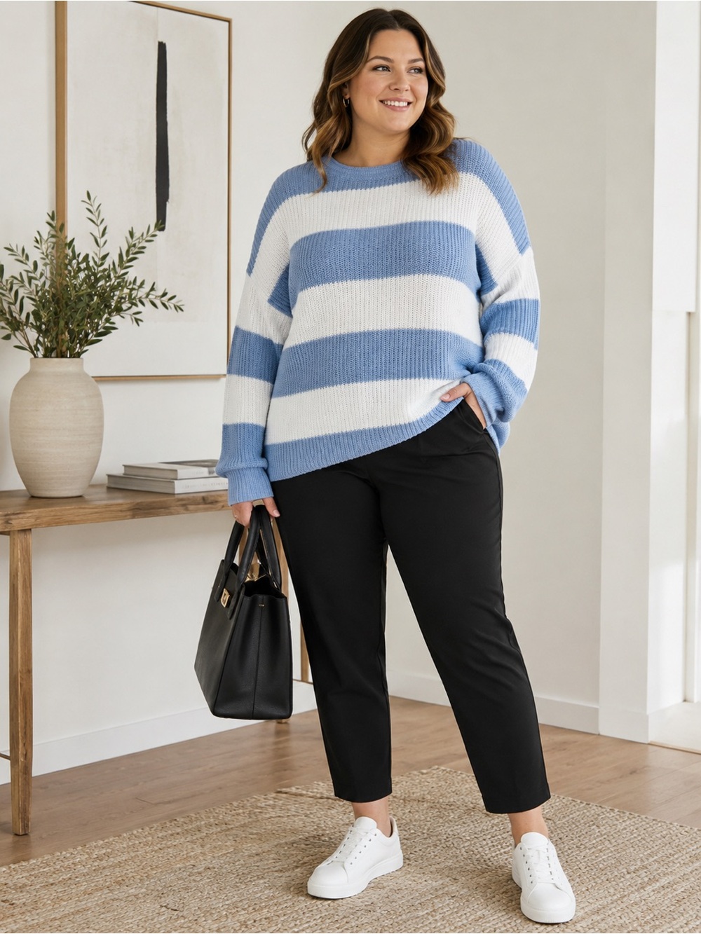 Zesica Sweater Womens XL Blue And White Striped Pullover Beachy Crew Neck Ribbed